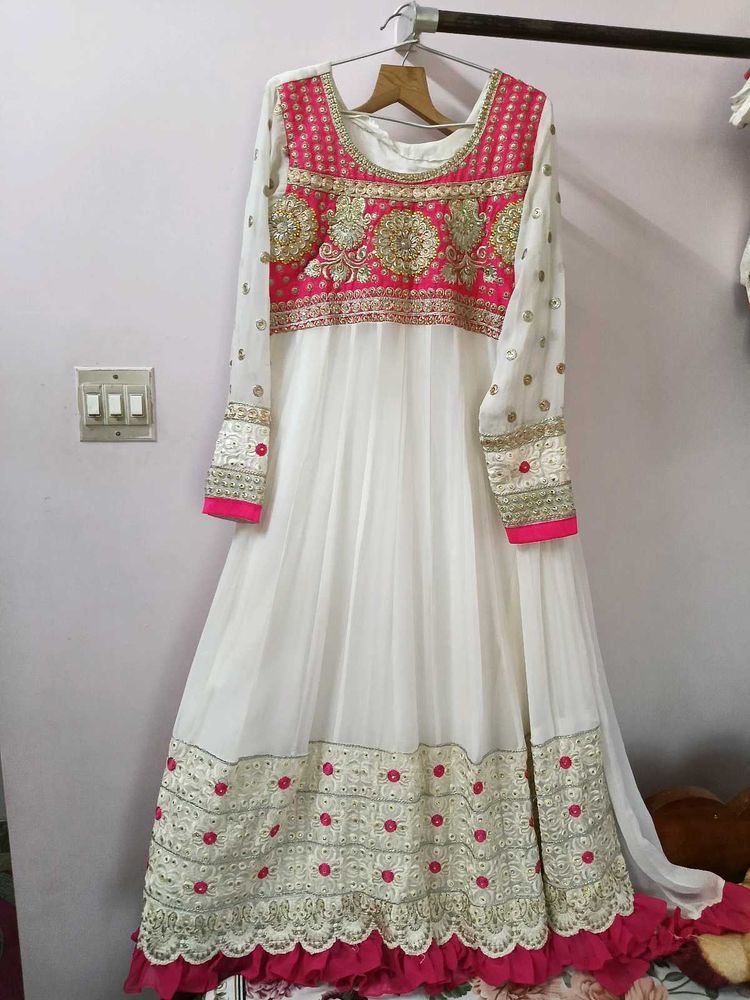 White &amp; Pink Embroidered Anarkali