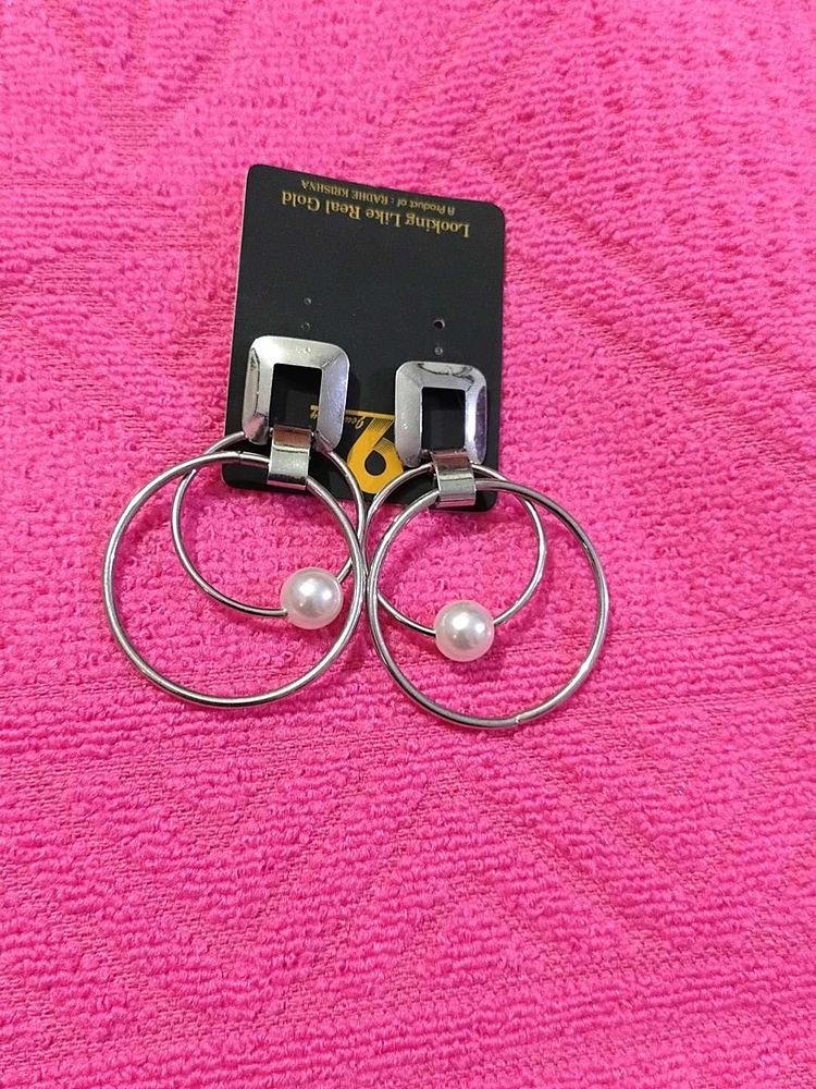 Silver Hoop Earrings with Pearl Accent