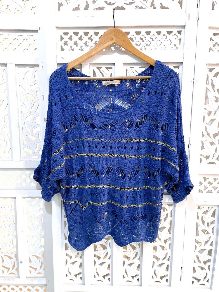 Stylish Blue Crochet Knit Batwing Top B