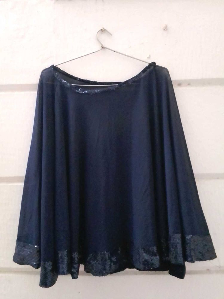 Sequin Trimmed Blue Poncho Party Wear