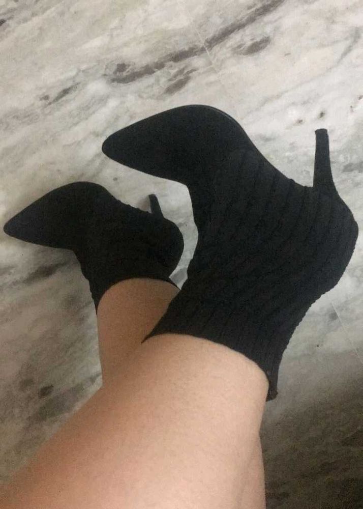 Black Knit Heeled Booties