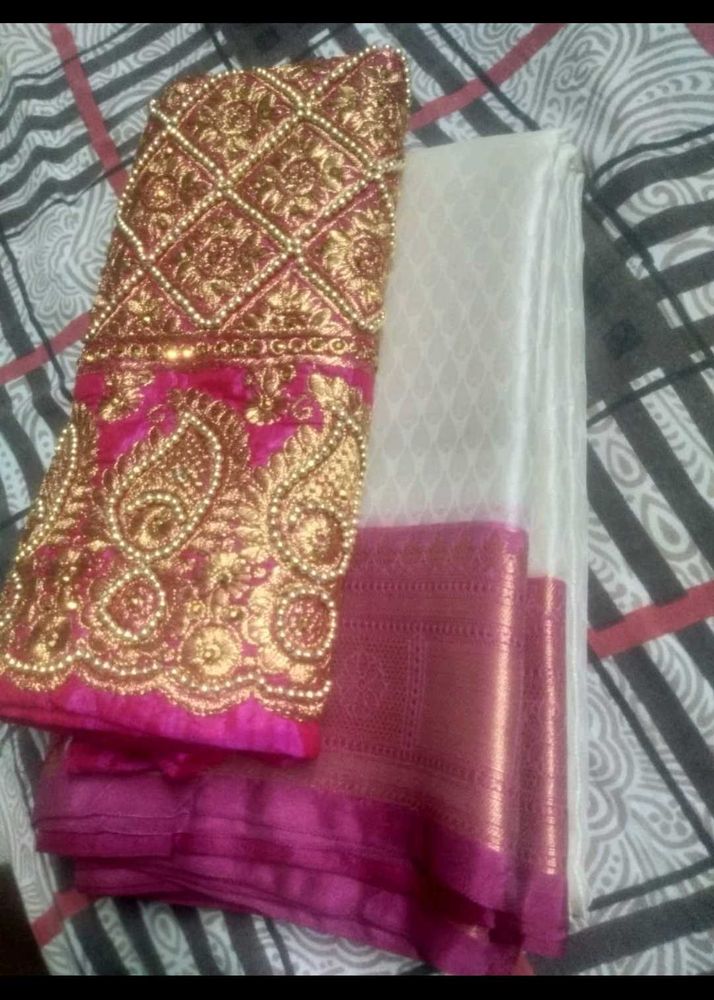 White &amp; Pink Embellished Saree