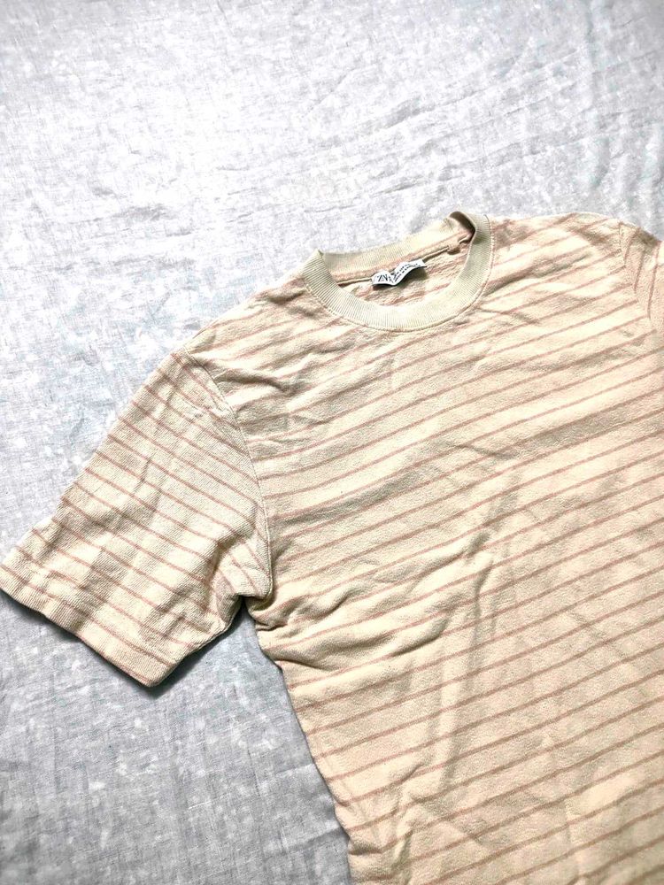 🤎 Soft Neutral Striped Crop Tee | Zara | Size M