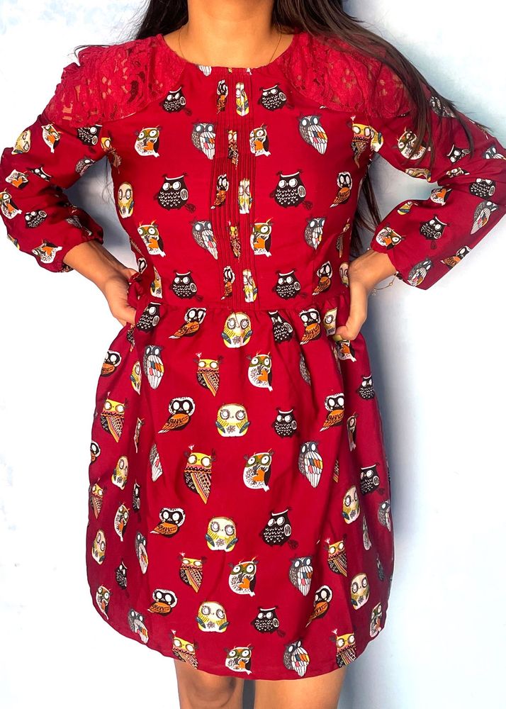 Red Owl Print Dress