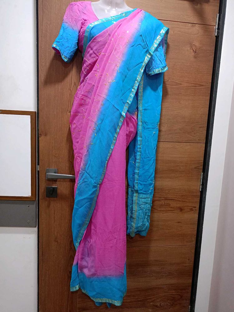 🌷🫰🏻elegant Pink &amp; Blue Saree with blouse🫰🏻🌷