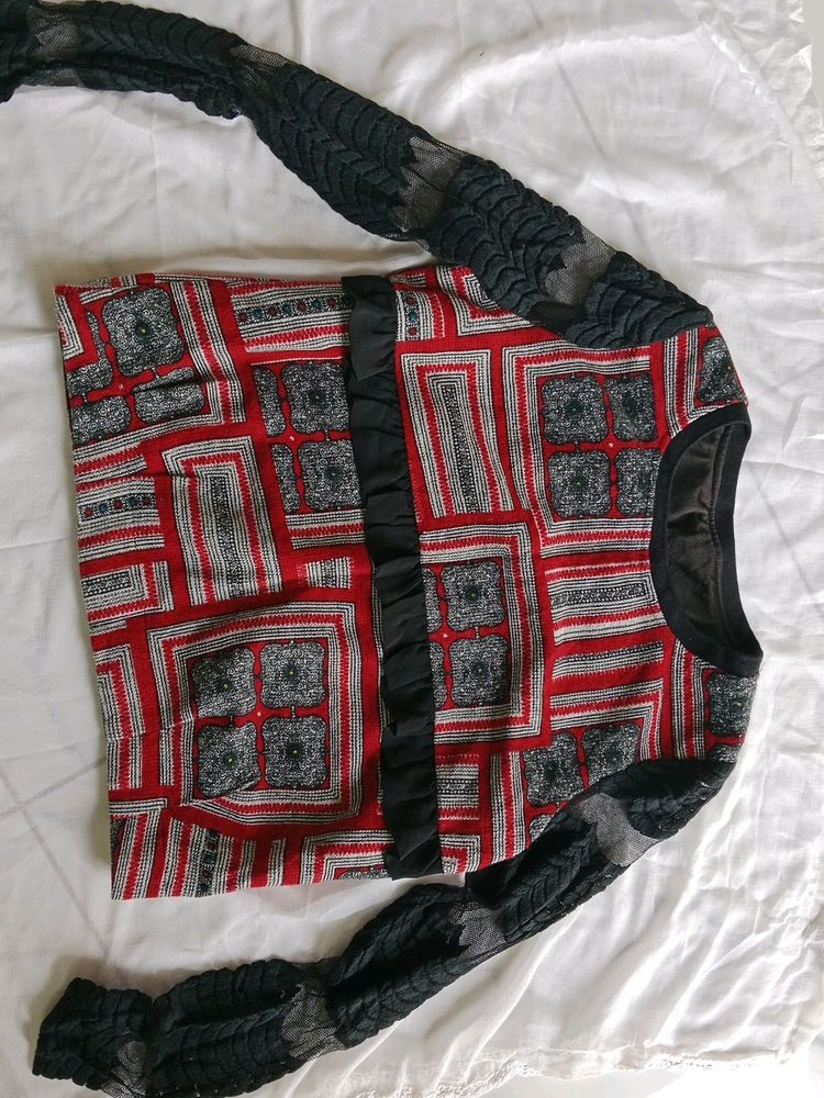 Black And Red Top With Mesh Sleves