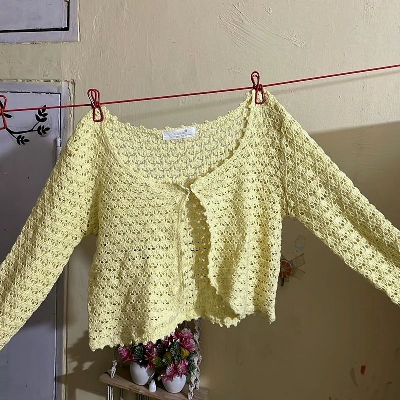 Yellow Crochet Cropped Cardigan