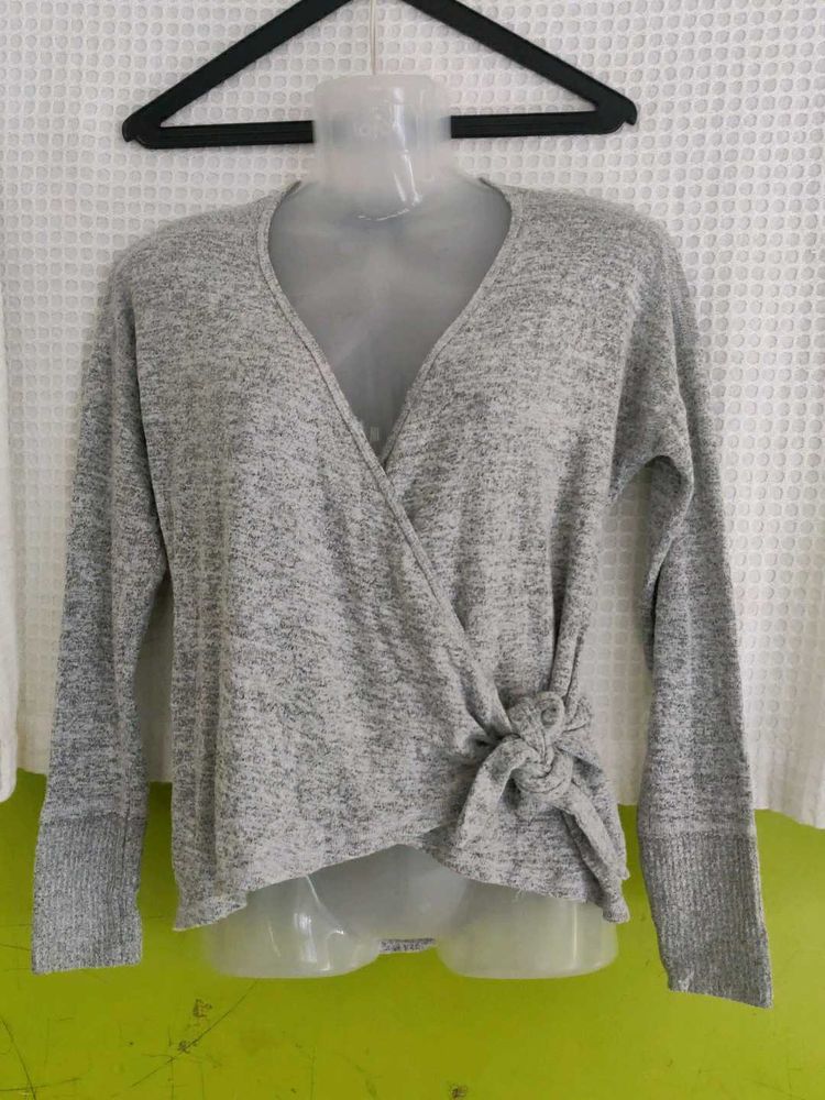Gray Wrap-Front Long Sleeve Top