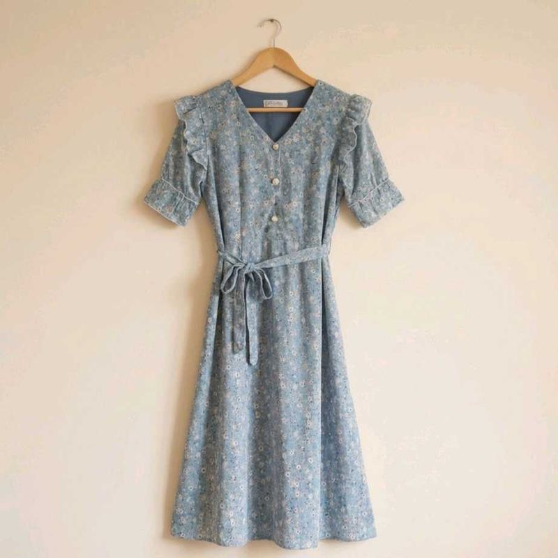 Powdered Blue Floral Print Midi Dress