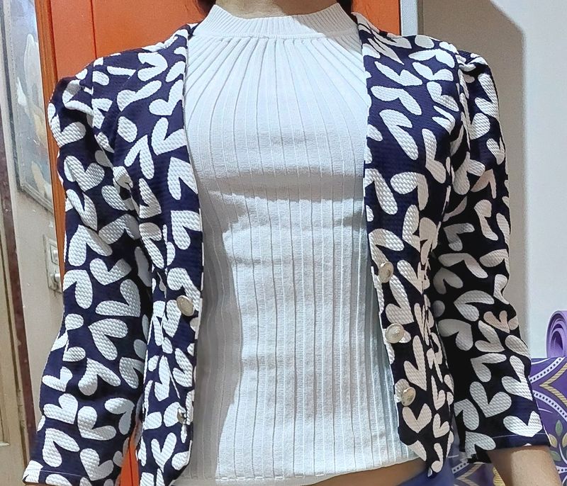 Navy Blue &amp; White Printed Jacket