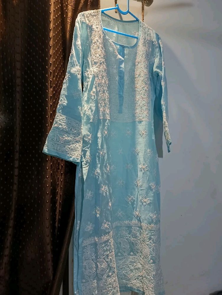 Sky Blue Chikankari Kurta Long