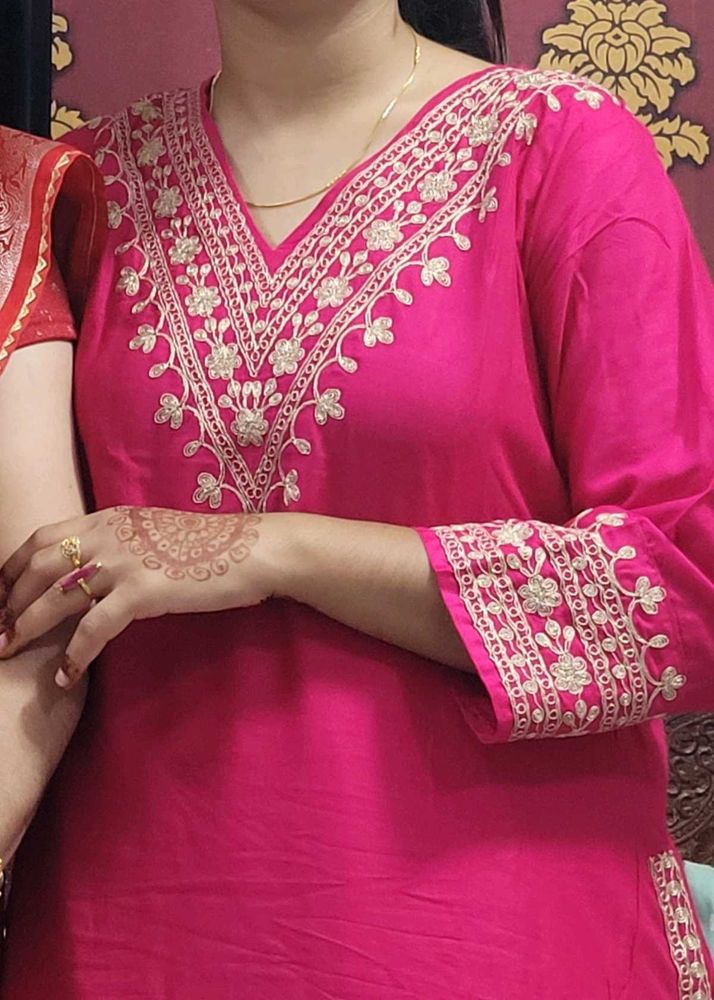 Pink Embroidered Kurti Set
