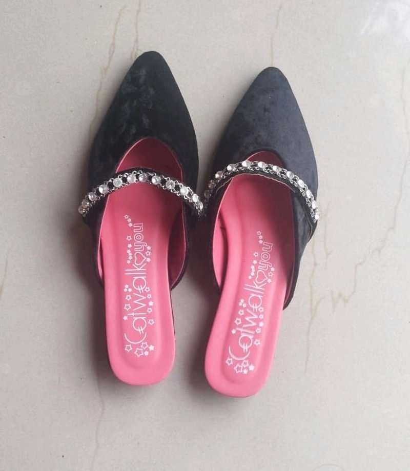 Catwalk Black Velvet Embellished Mules Flats