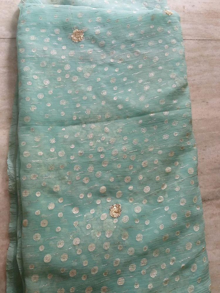 Teal &amp; Gold Embellished Chiffon Fabric