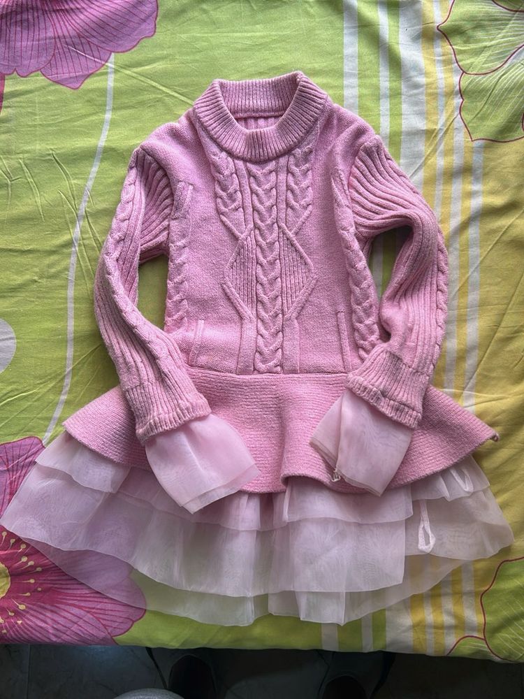 Pink Knit &amp; Tulle Girls Dress