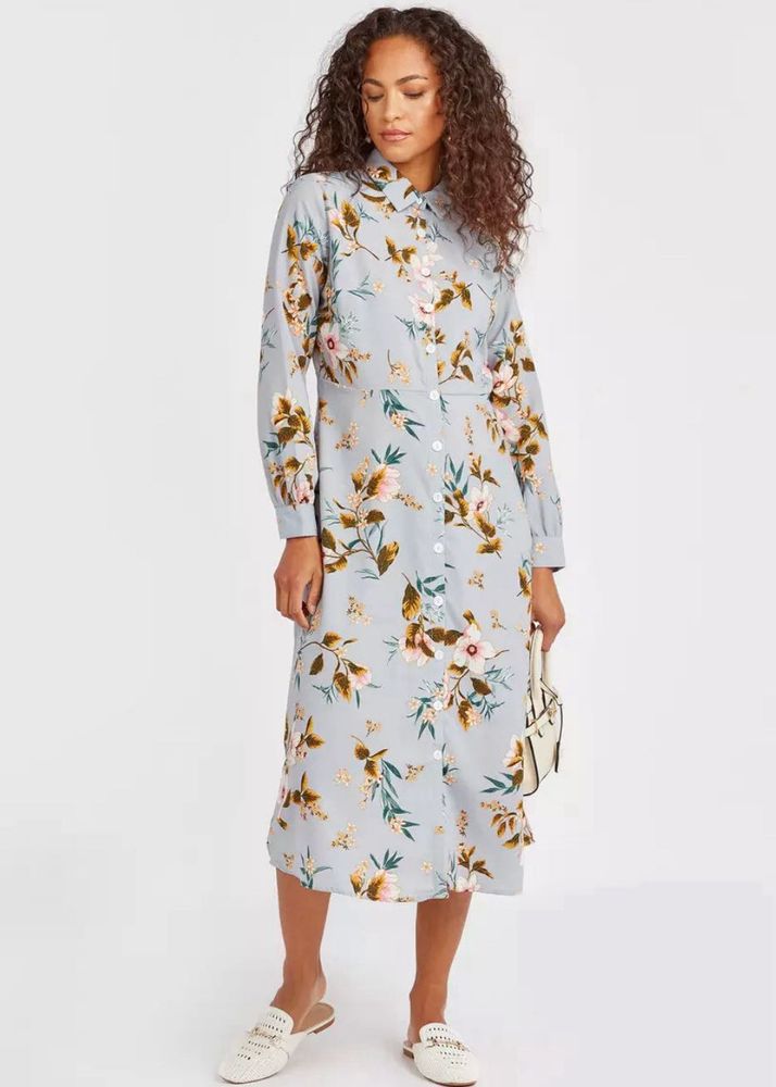 Floral Print Midi Shirt Dress with Long Sleeves