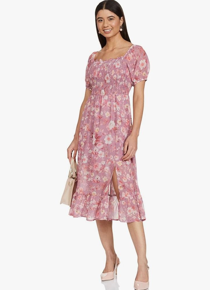 Floral Midi Dress with Puff Sleeves