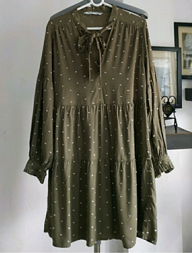 Zara Olive Green Tiered Tie Neck Dress
