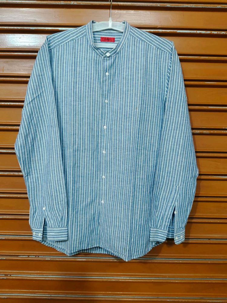 Hugo Boss Striped Band Collar Long Sleeve Shirt