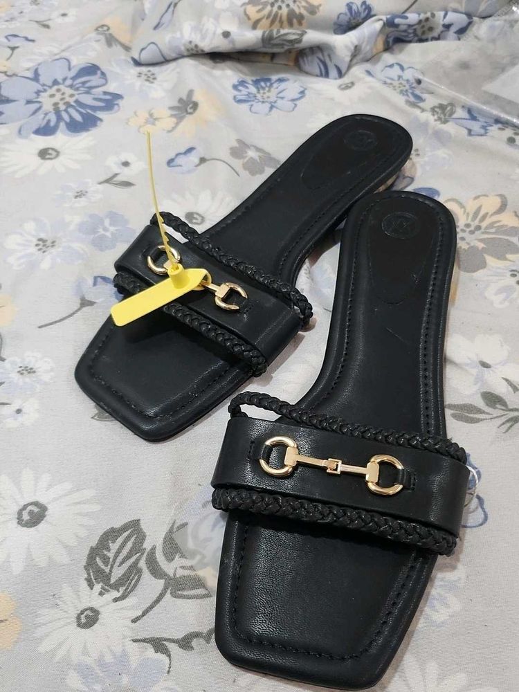 Black Sandals with Gold Detail