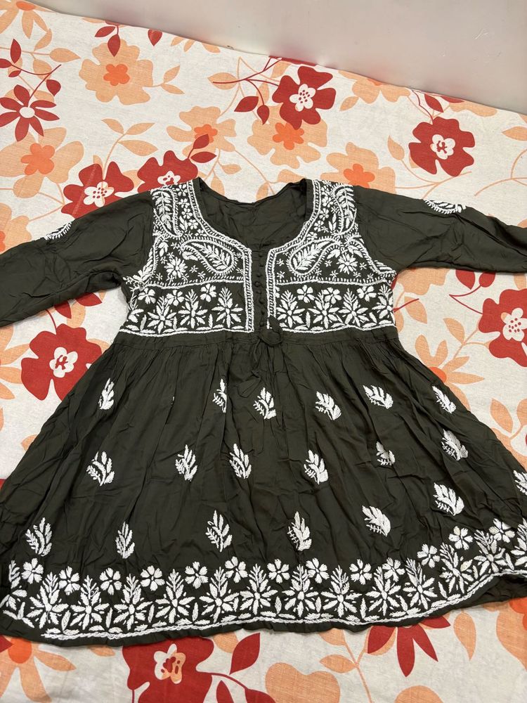 Xxl Olive Green Embroidered short Kurti