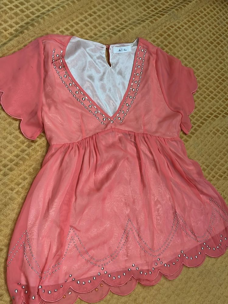 Coral Beaded Scallop Top
