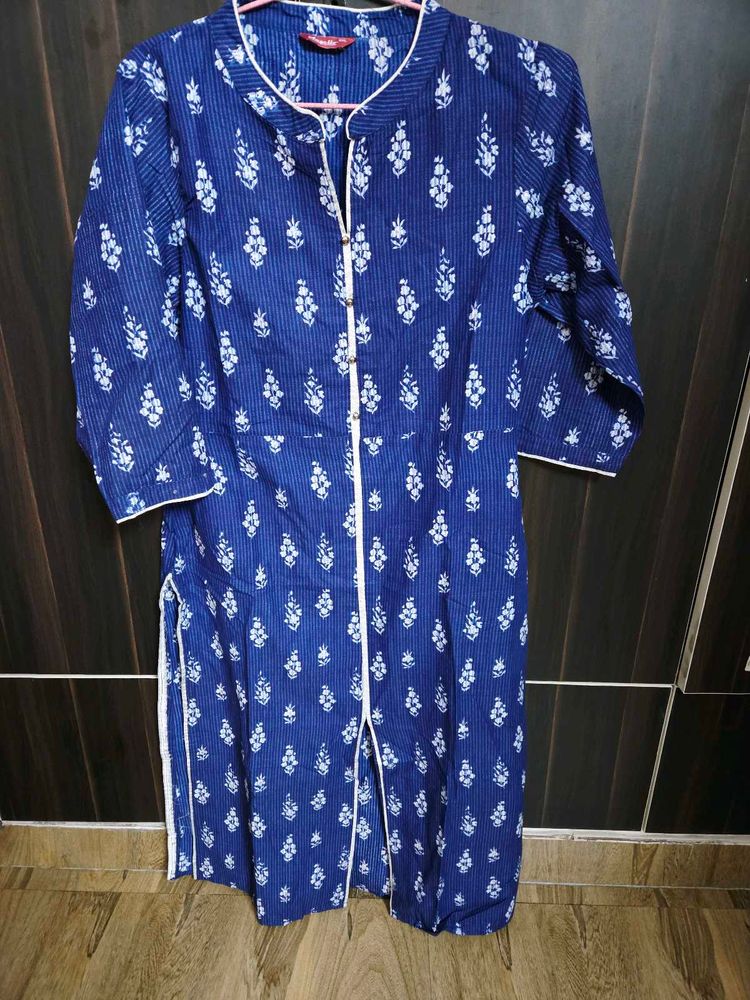 Blue Printed Kurti with White Trim