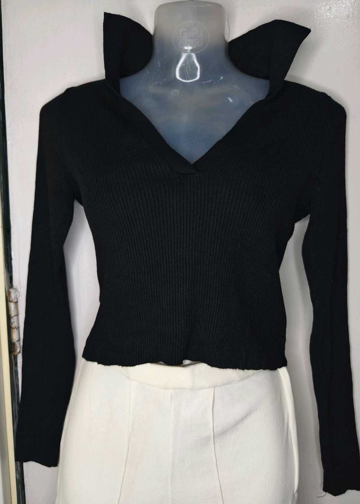 Ribbed Knit Polo Collar Fitted Crop Top🖤