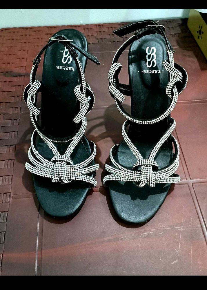 SSS Stylish Black Heels with Rhinestones