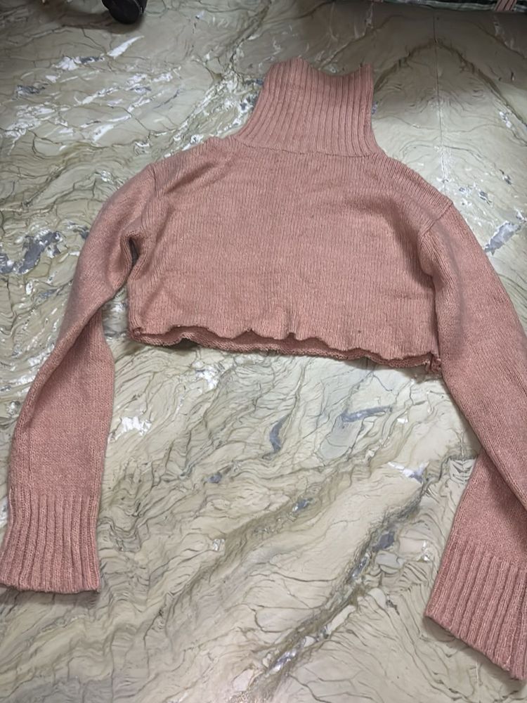 Pink Cropped Turtleneck Sweater