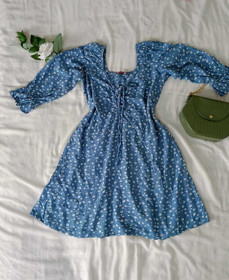 Blue Floral Print Mini Dress