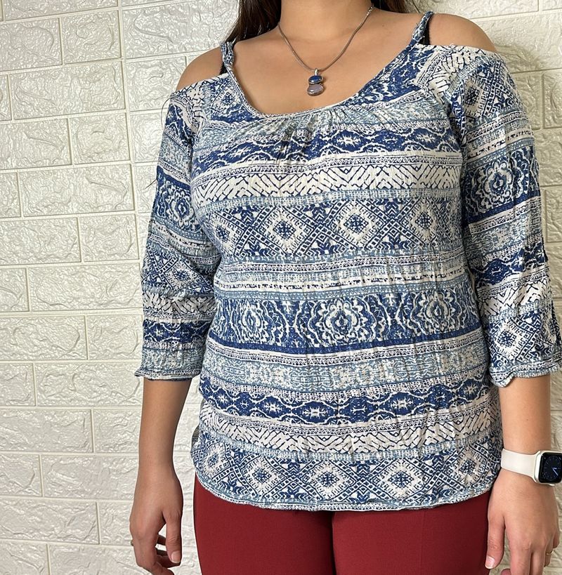 Cream And blue Printed Top With cut Out Shoulder