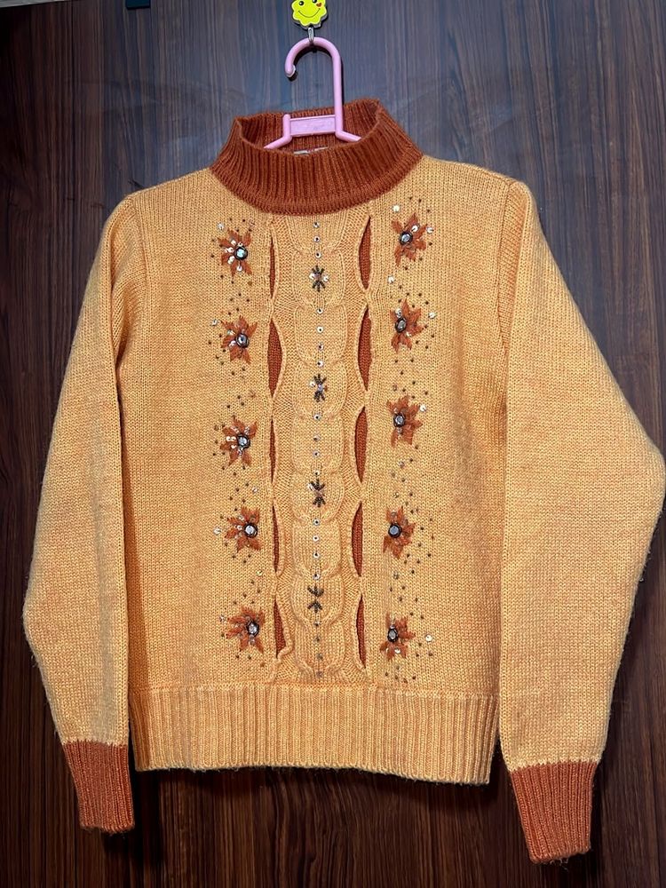 Embellished Turtleneck Orange Sweater