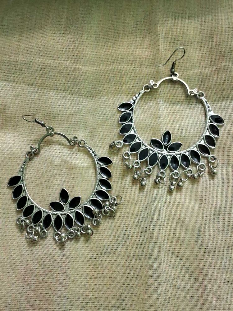 Silver Hoop Earrings with Black Accents