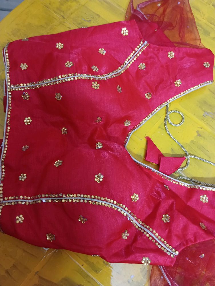 Readymade Saree Blouse In Tomato Red Color With Golden Work (Sequence Pasted) With Net sleeves ,good To Fit 40 To 42 Size Breast.