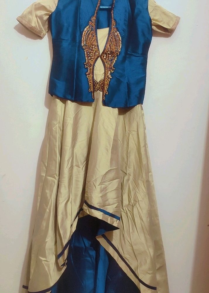 Blue Jacket &amp; Golden Party Wear Dress For Girl