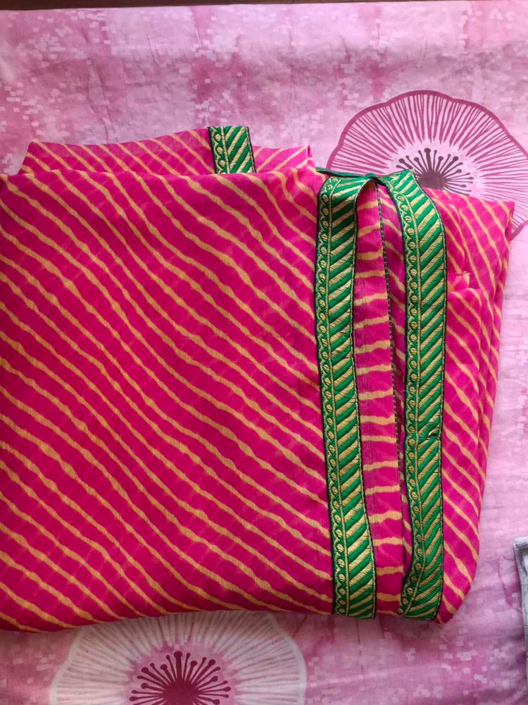Pink Striped Saree with Green Border