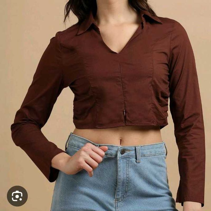 Brown Long Sleeve Crop Top with a zip closure