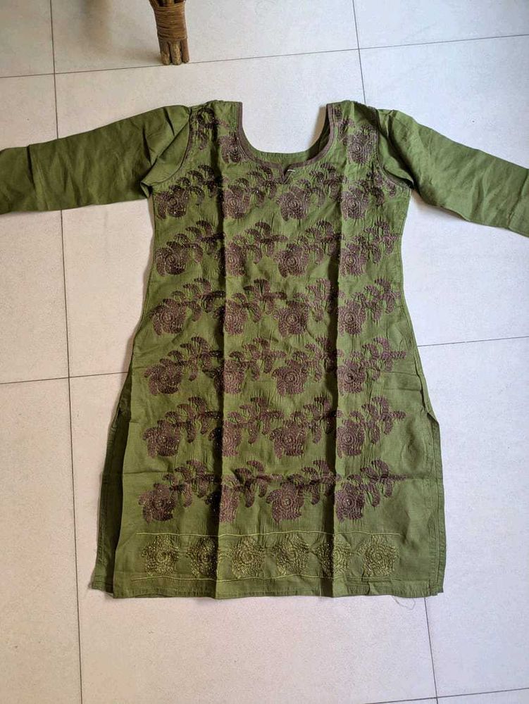 Mehendi Green And Brown Pure Cotton Suit
