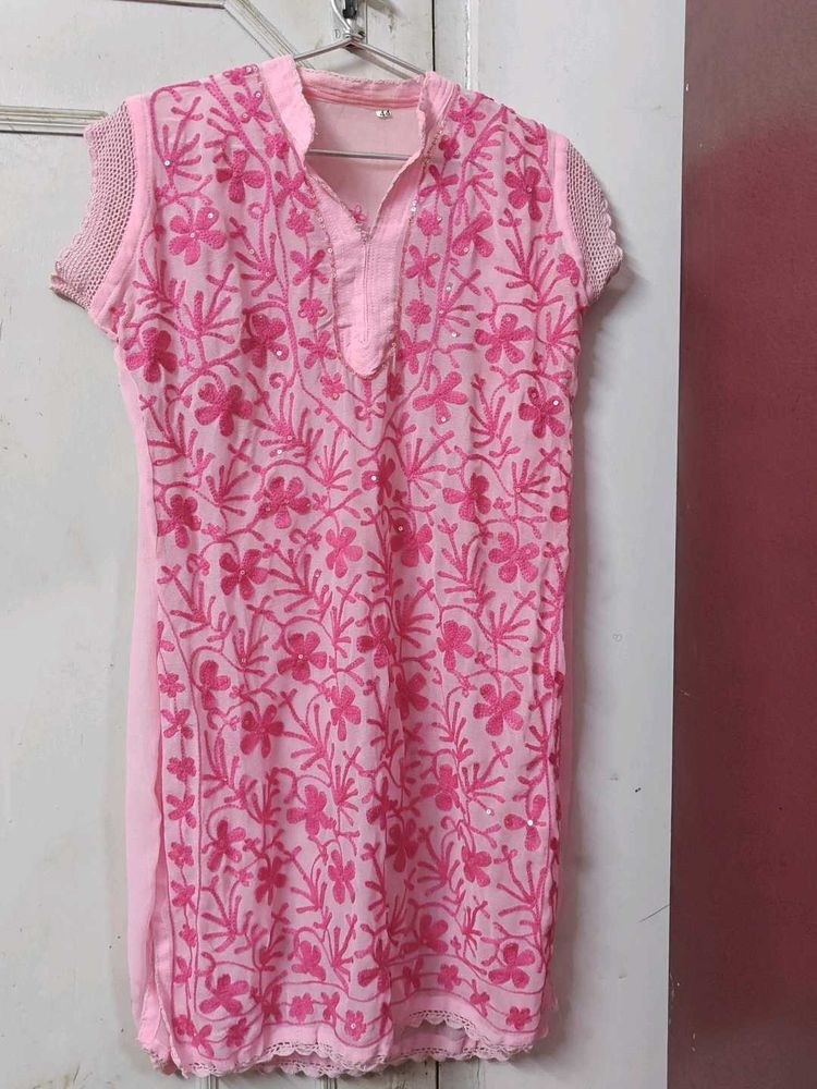Pink Floral Embroidered Kurti