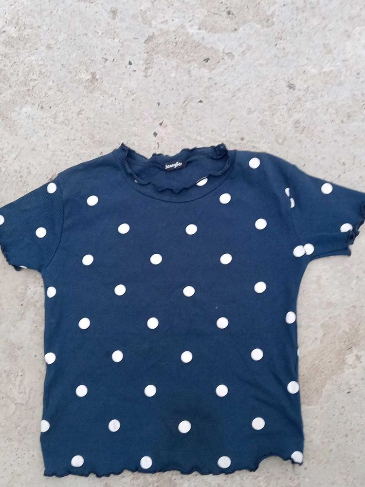 Navy Polka Dot Ruffle Trim Tee