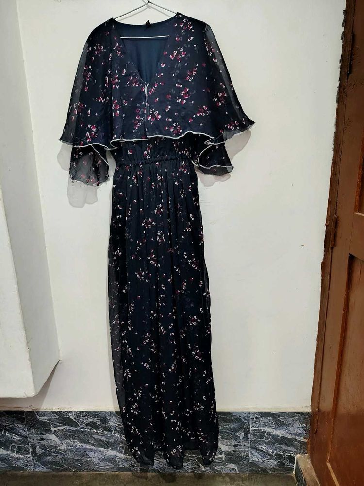 Floral Print Maxi Dress with Cape Sleeves