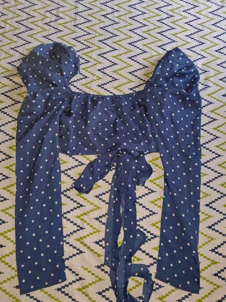 Blue Polka Dot Tie-Front Crop Top