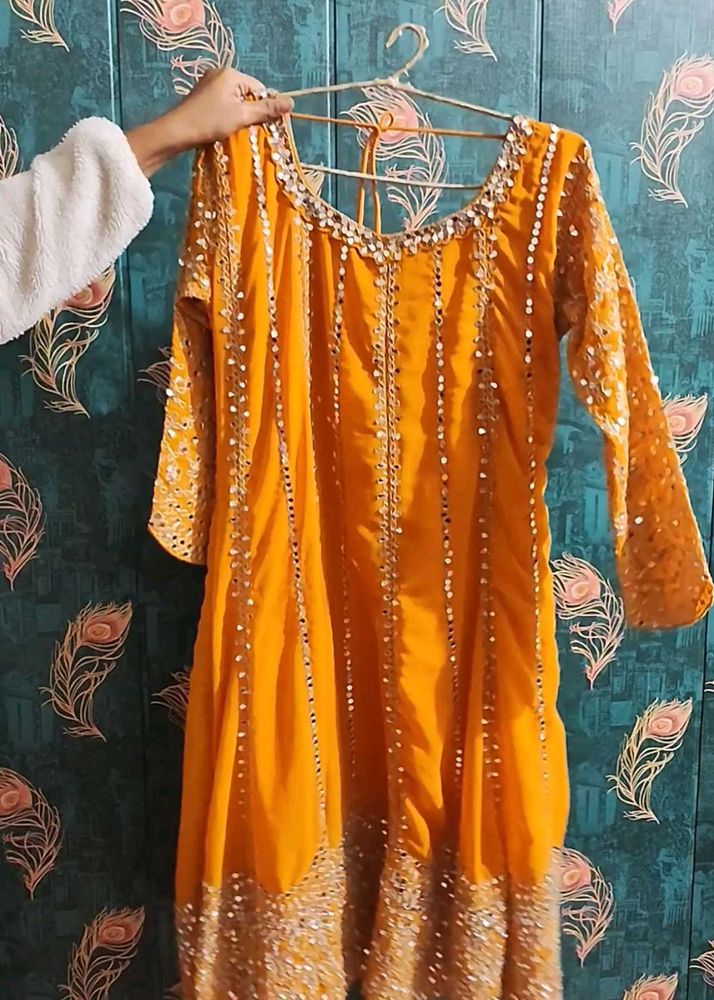 Heavy Real  Mirror Work Yellow Anarkali Kurta Set