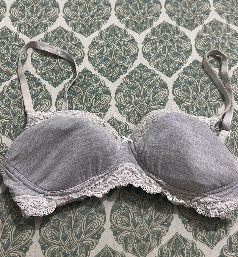 Gray Lace Trim Padded Bra, Bust- 36 B
