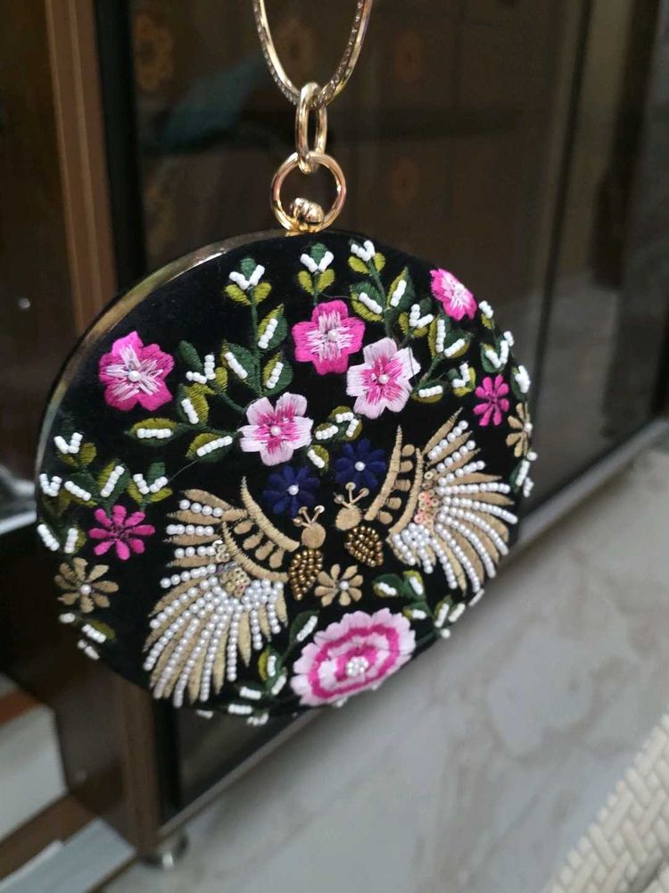Black Velvet Pink Embroidery Round Hand Clutch