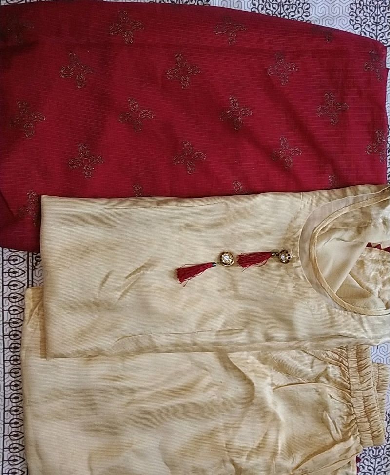Silk Suit With Maroon Dupatta With Golden Lace