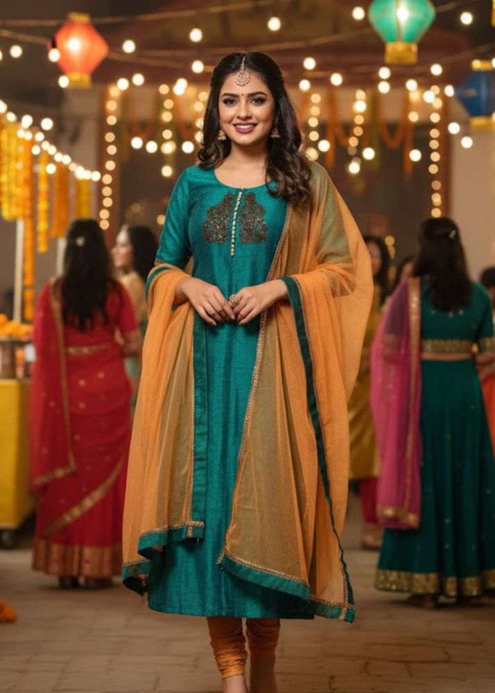 Teal &amp; Gold Embroidered Kurta Set