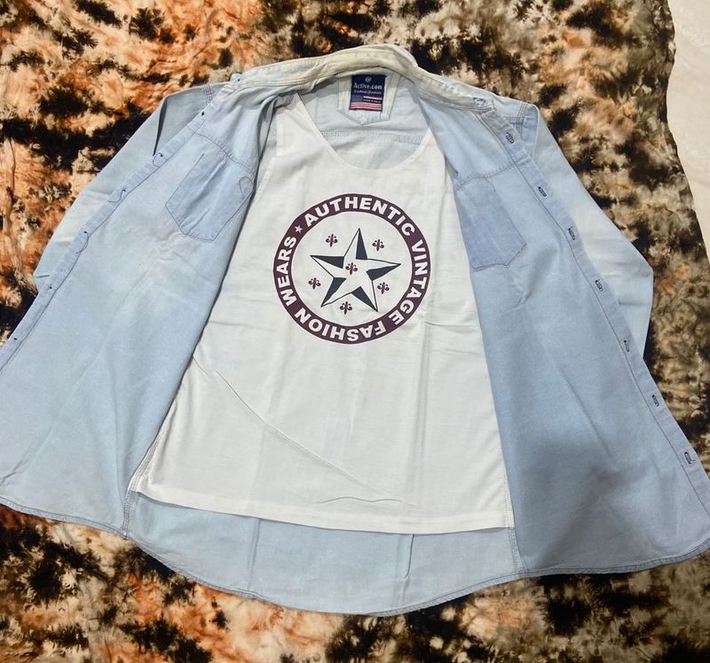 Denim Shirt With White T-shirt Attached💎🤍
