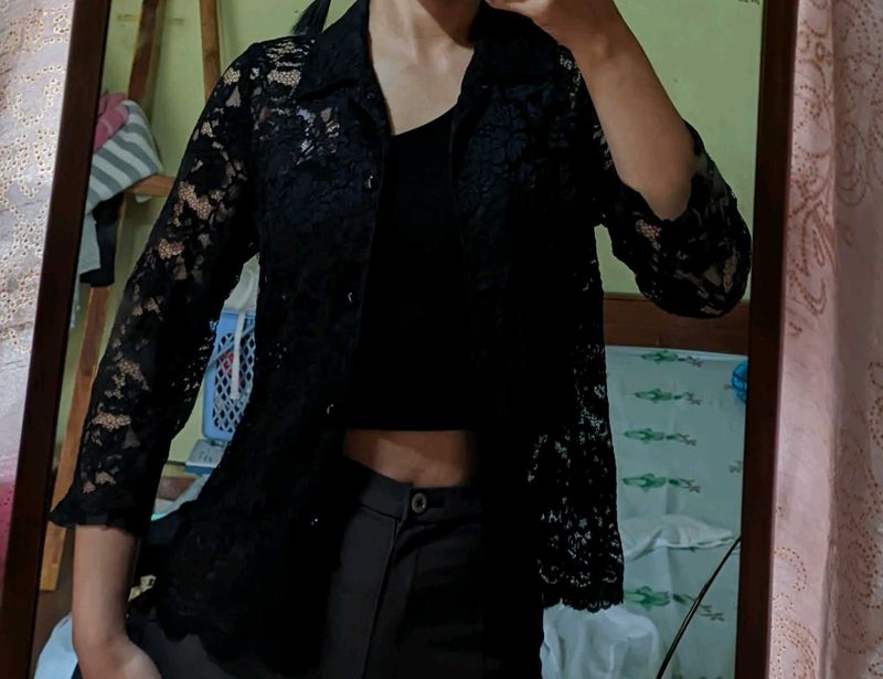Black Lace Button Up Top